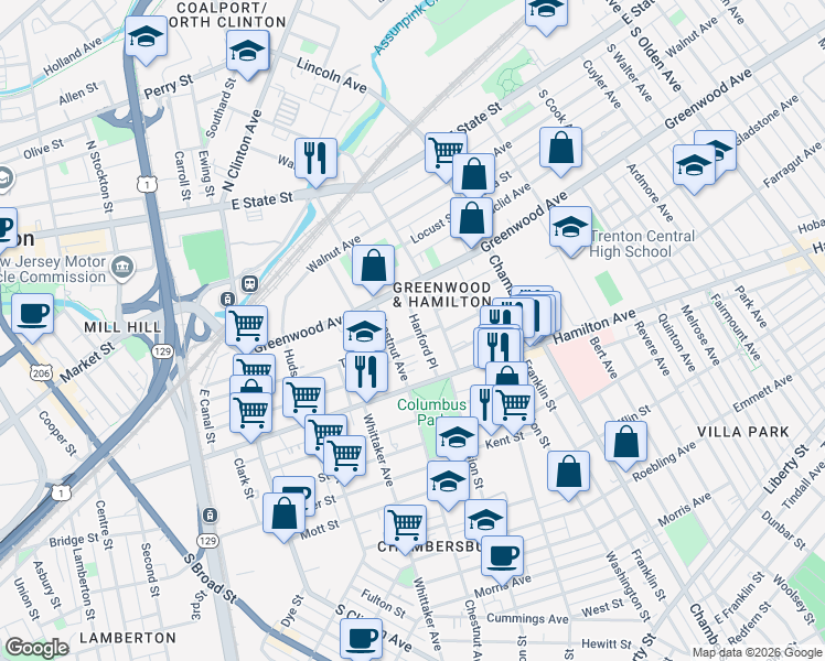 map of restaurants, bars, coffee shops, grocery stores, and more near 16 Hanford Place in Trenton