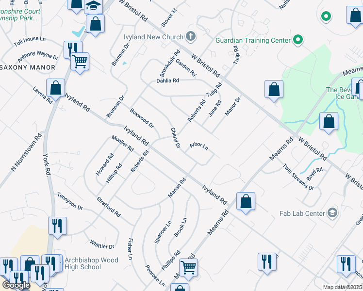 map of restaurants, bars, coffee shops, grocery stores, and more near 685 Cheryl Drive in Warminster