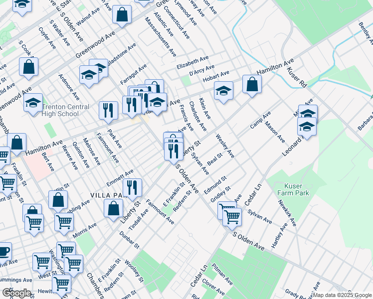 map of restaurants, bars, coffee shops, grocery stores, and more near 134 Moffatt Avenue in Trenton