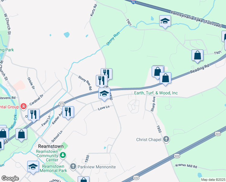 map of restaurants, bars, coffee shops, grocery stores, and more near 1665 North Reading Road in Stevens