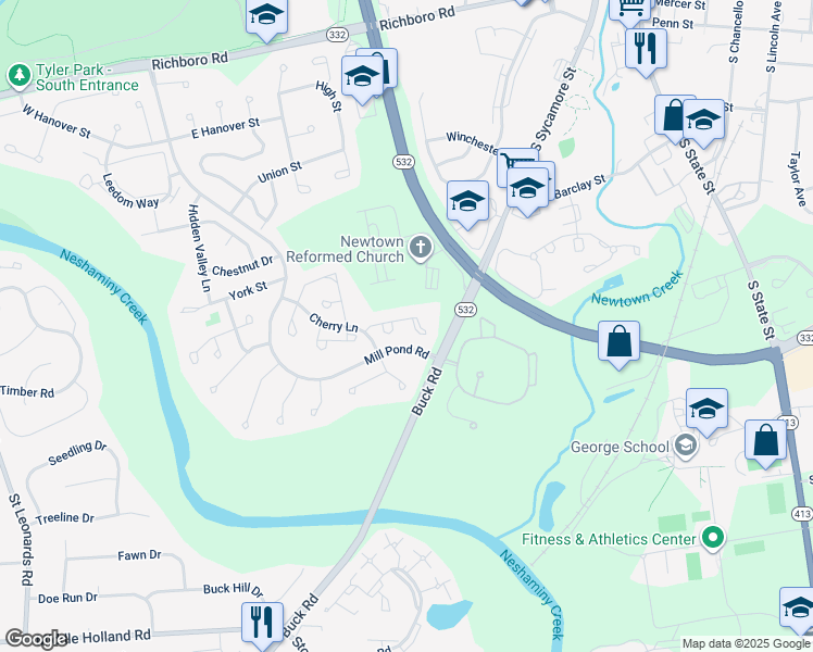 map of restaurants, bars, coffee shops, grocery stores, and more near 124 Hillcroft Way in Newtown