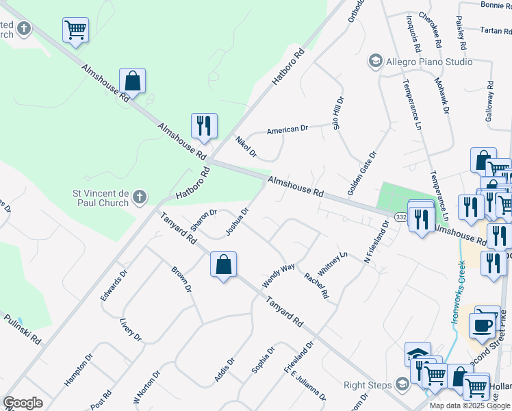 map of restaurants, bars, coffee shops, grocery stores, and more near 9 Joshua Drive in Richboro
