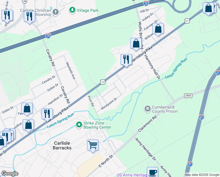 map of restaurants, bars, coffee shops, grocery stores, and more near 432 Eisenhower Drive in Carlisle