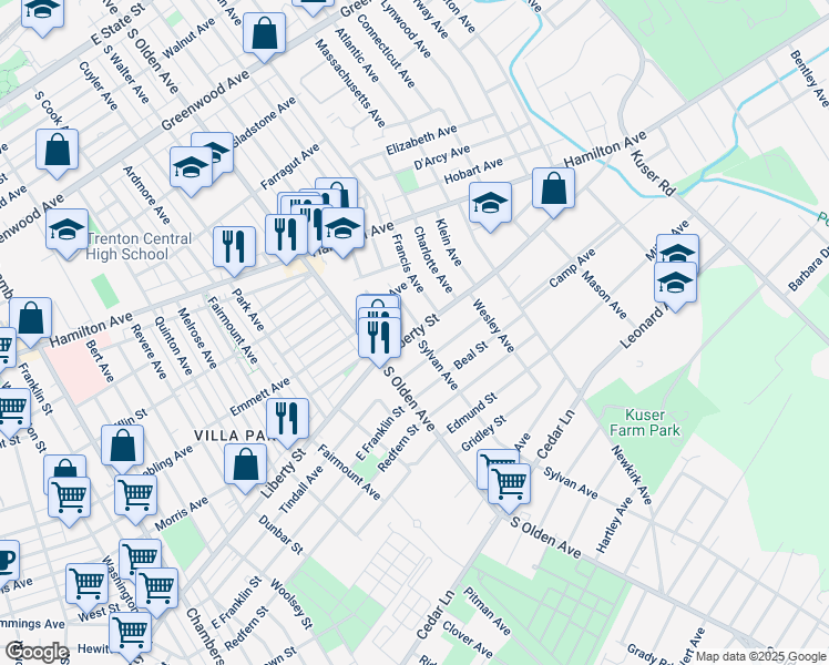 map of restaurants, bars, coffee shops, grocery stores, and more near Liberty Street & Sylvan Avenue in Hamilton Township