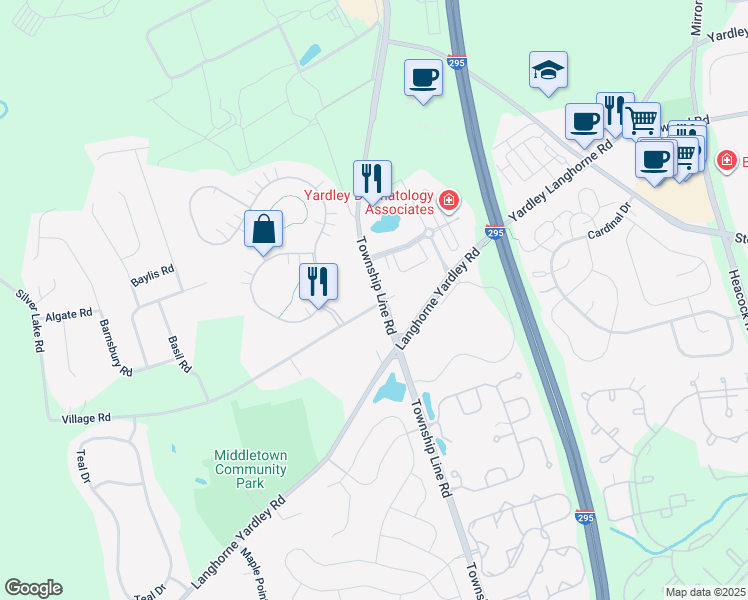 map of restaurants, bars, coffee shops, grocery stores, and more near 2908 Village Road in Langhorne