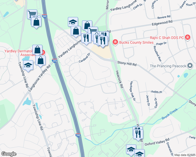 map of restaurants, bars, coffee shops, grocery stores, and more near 640B Rose Hollow Drive in Yardley