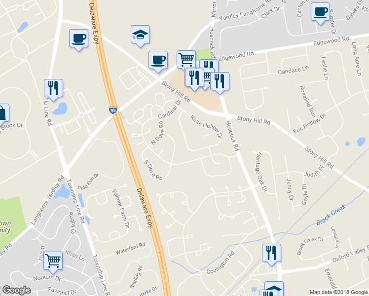 map of restaurants, bars, coffee shops, grocery stores, and more near 631B Rose Hollow Drive in Yardley
