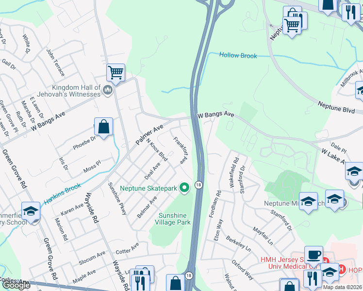 map of restaurants, bars, coffee shops, grocery stores, and more near Frankfort Avenue in Neptune City