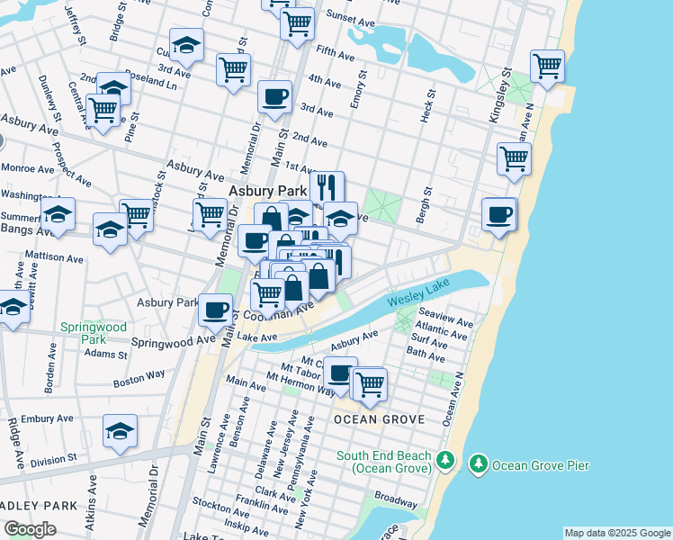 map of restaurants, bars, coffee shops, grocery stores, and more near 508 Monroe Avenue in Asbury Park