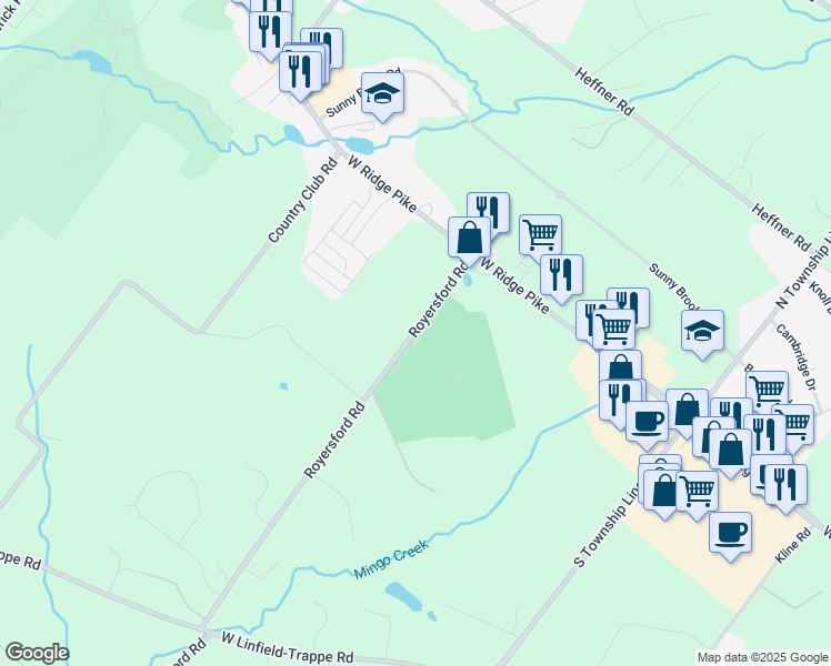 map of restaurants, bars, coffee shops, grocery stores, and more near 550 Royersford Road in Royersford