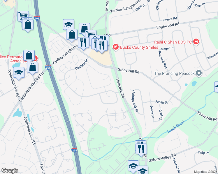 map of restaurants, bars, coffee shops, grocery stores, and more near 657A Rose Hollow Drive in Yardley