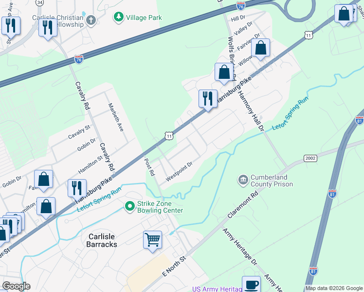 map of restaurants, bars, coffee shops, grocery stores, and more near 432 Eisenhower Drive in Carlisle