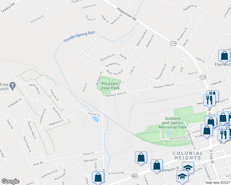 map of restaurants, bars, coffee shops, grocery stores, and more near 82 Pleasant View Drive in Mechanicsburg