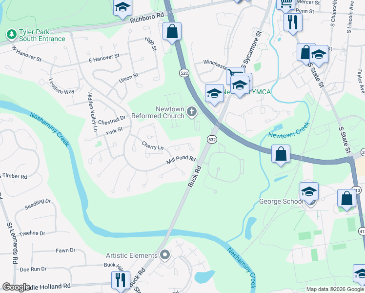map of restaurants, bars, coffee shops, grocery stores, and more near 54 Hillcroft Way in Newtown