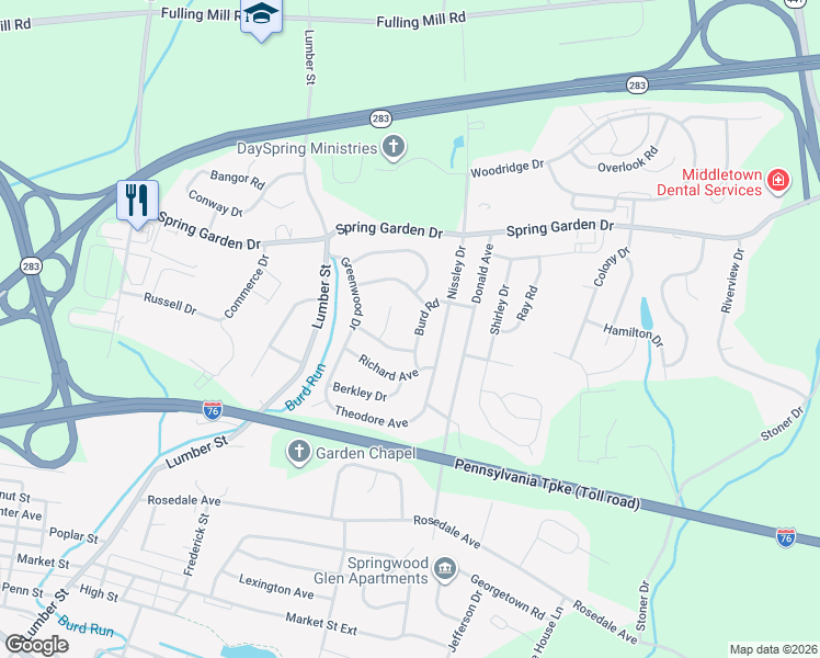 map of restaurants, bars, coffee shops, grocery stores, and more near 12 Burd Road in Middletown