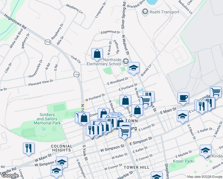 map of restaurants, bars, coffee shops, grocery stores, and more near 412 North Market Street in Mechanicsburg