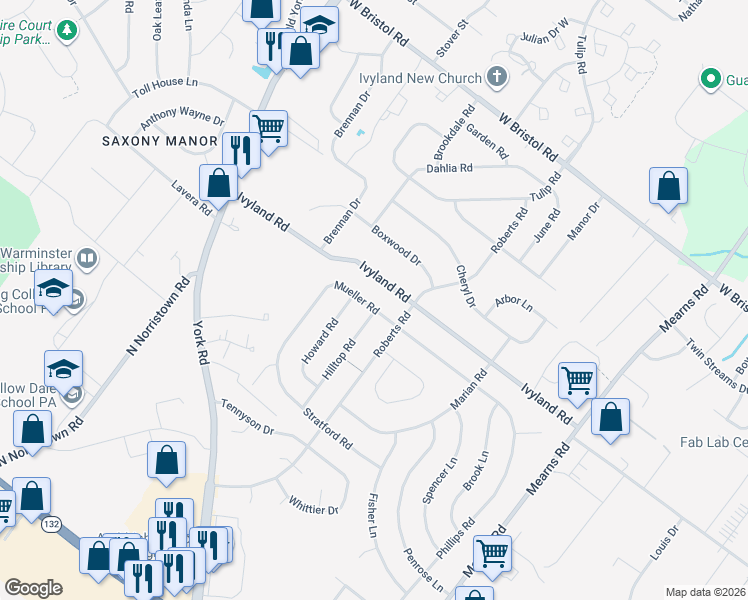map of restaurants, bars, coffee shops, grocery stores, and more near 775 Ivyland Road in Warminster
