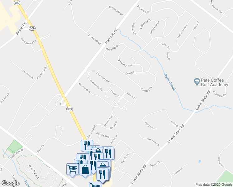 map of restaurants, bars, coffee shops, grocery stores, and more near 113 Lincoln Drive in North Wales