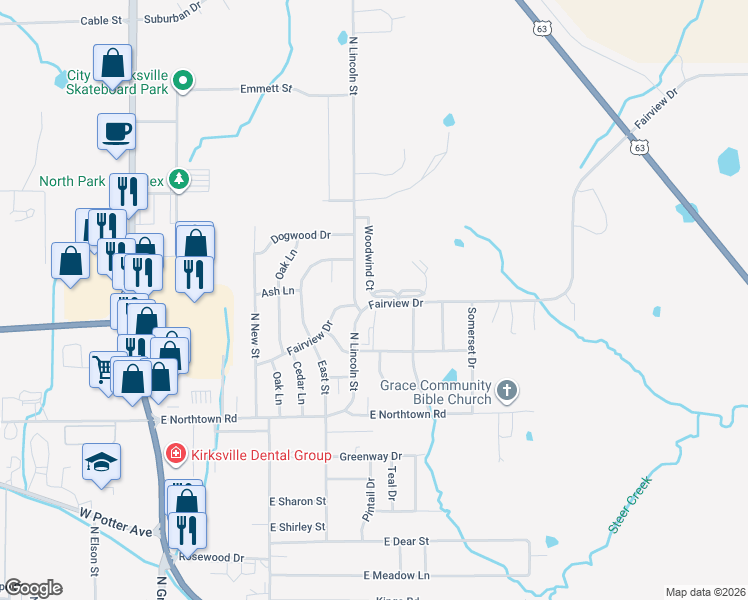 map of restaurants, bars, coffee shops, grocery stores, and more near 3003 Woodwind Ct in Kirksville