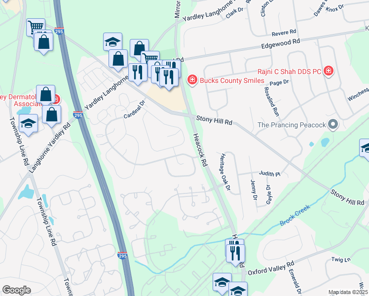 map of restaurants, bars, coffee shops, grocery stores, and more near 659A Rose Hollow Drive in Yardley