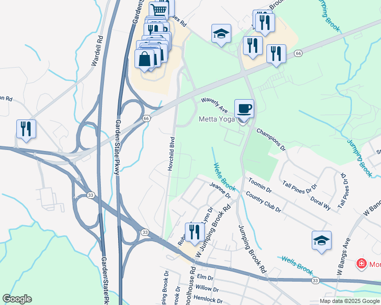 map of restaurants, bars, coffee shops, grocery stores, and more near Victoria Gardens Square in Neptune Township