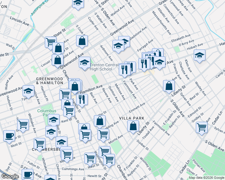 map of restaurants, bars, coffee shops, grocery stores, and more near 809 Melrose Avenue in Trenton