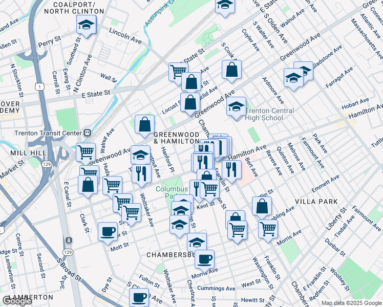 map of restaurants, bars, coffee shops, grocery stores, and more near 511 Tyler Street in Trenton