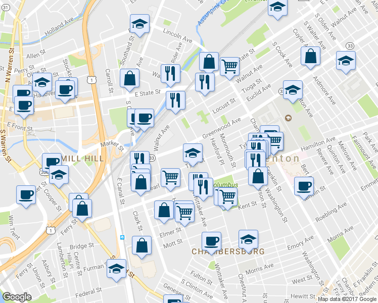 map of restaurants, bars, coffee shops, grocery stores, and more near 547 Greenwood Avenue in Trenton