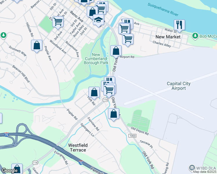 map of restaurants, bars, coffee shops, grocery stores, and more near 113 Old York Road in New Cumberland