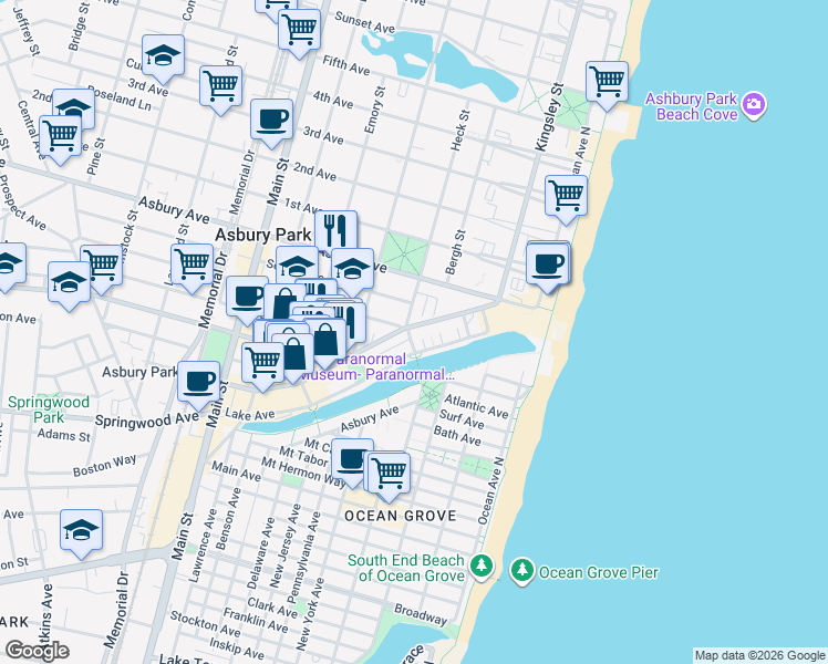 map of restaurants, bars, coffee shops, grocery stores, and more near 319 Cookman Avenue in Asbury Park