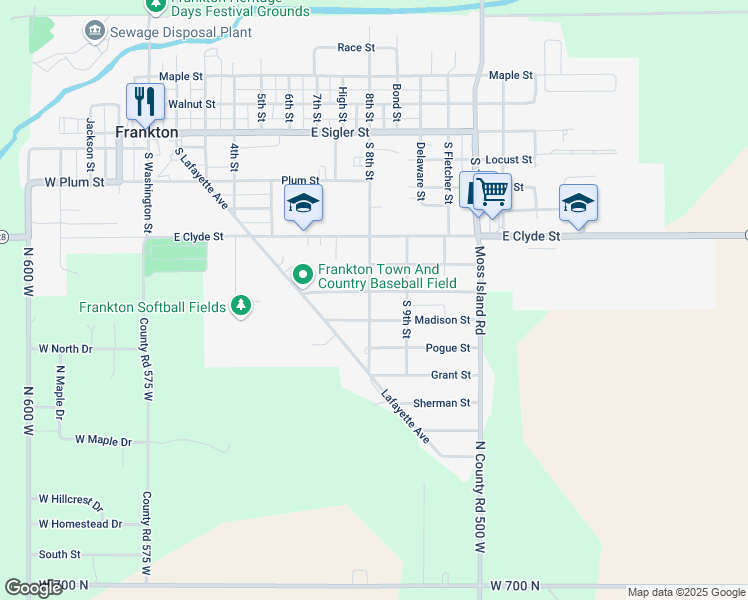 map of restaurants, bars, coffee shops, grocery stores, and more near 607 South 8th Street in Frankton