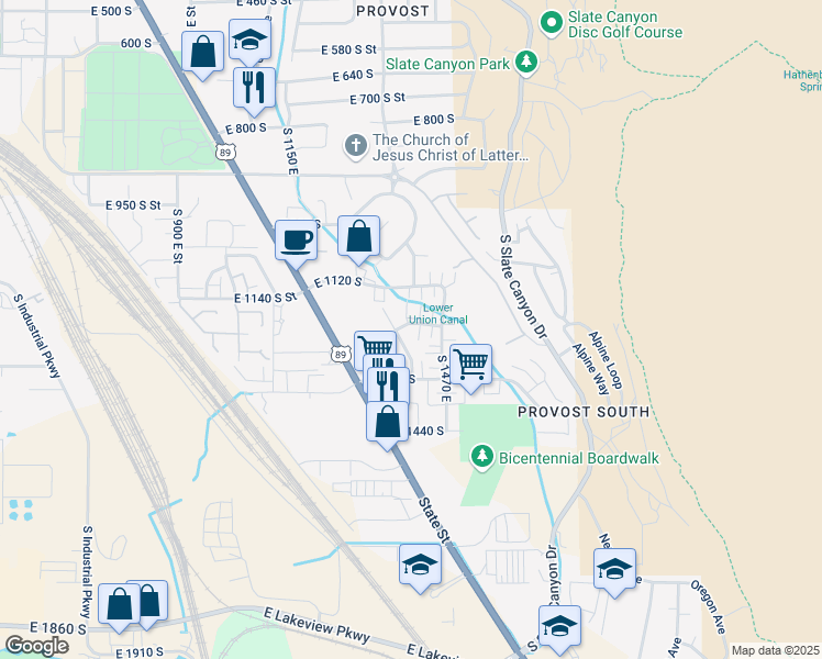 map of restaurants, bars, coffee shops, grocery stores, and more near 1422 East 1200 South in Provo
