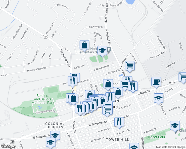 map of restaurants, bars, coffee shops, grocery stores, and more near 408 North Market Street in Mechanicsburg