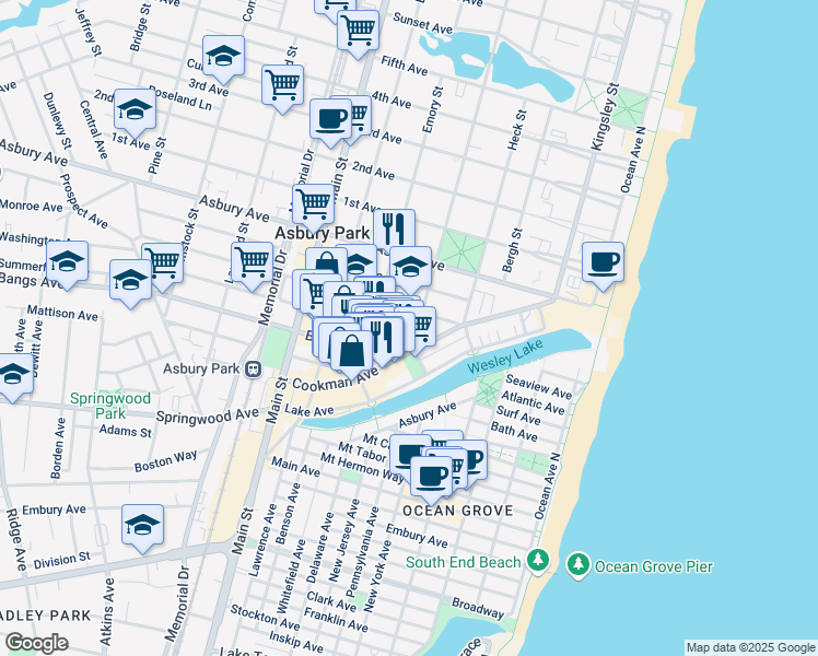 map of restaurants, bars, coffee shops, grocery stores, and more near 501 Grand Avenue in Asbury Park