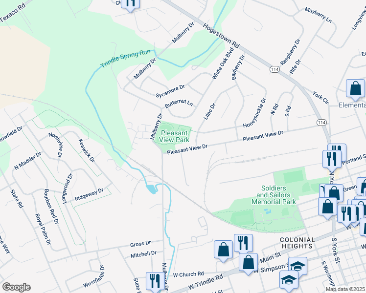 map of restaurants, bars, coffee shops, grocery stores, and more near 82 Pleasant View Drive in Mechanicsburg