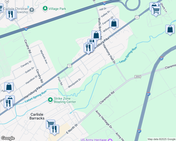 map of restaurants, bars, coffee shops, grocery stores, and more near 910 Patton Drive in Carlisle
