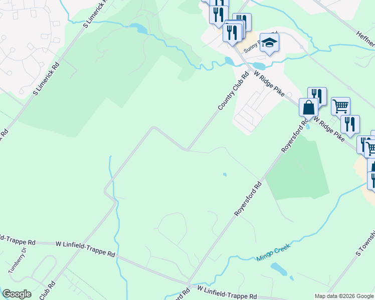 map of restaurants, bars, coffee shops, grocery stores, and more near 351 Country Club Road in Royersford