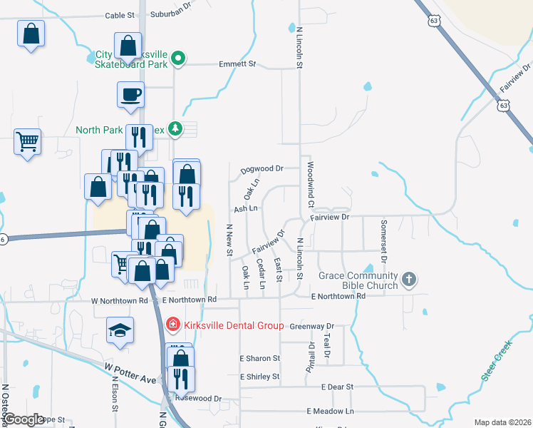 map of restaurants, bars, coffee shops, grocery stores, and more near 2400 East Street in Kirksville