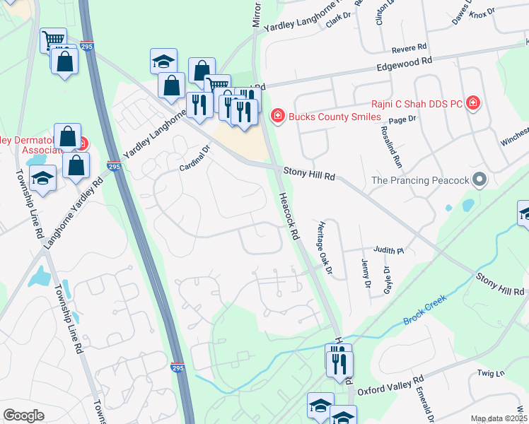 map of restaurants, bars, coffee shops, grocery stores, and more near 659A Rose Hollow Drive in Yardley