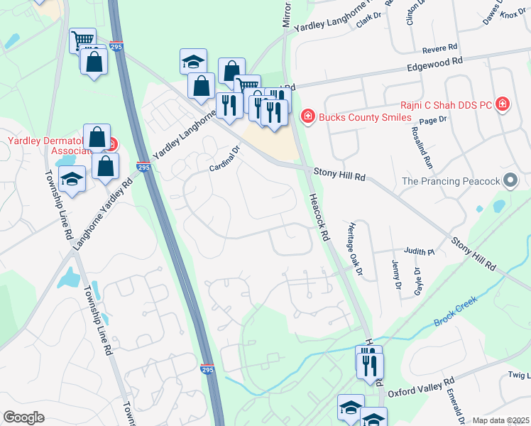 map of restaurants, bars, coffee shops, grocery stores, and more near 642A Rose Hollow Drive in Yardley