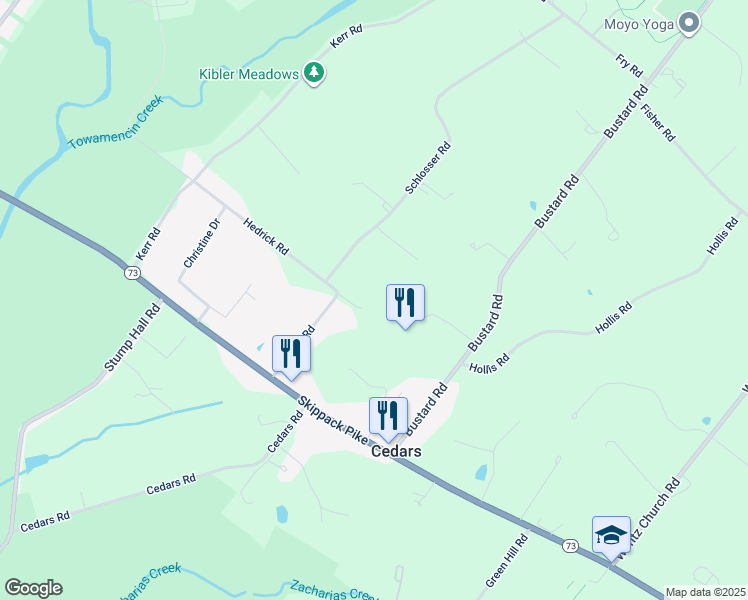 map of restaurants, bars, coffee shops, grocery stores, and more near 2785 Hedrick Road in Harleysville