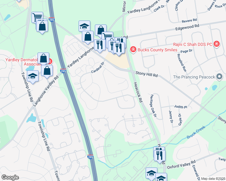 map of restaurants, bars, coffee shops, grocery stores, and more near 640B Rose Hollow Drive in Yardley