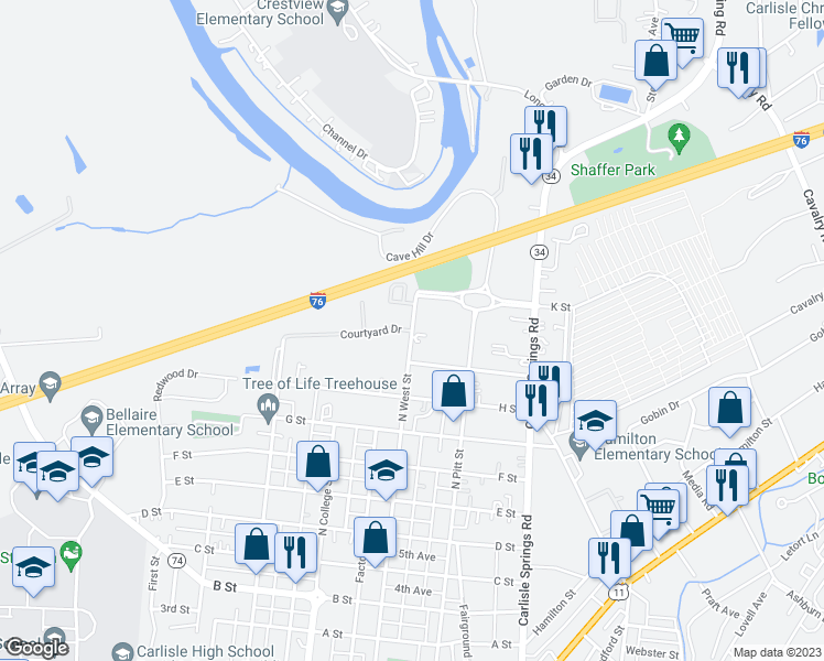 map of restaurants, bars, coffee shops, grocery stores, and more near 2 Courtyard Drive in Carlisle