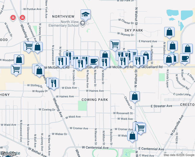 map of restaurants, bars, coffee shops, grocery stores, and more near 3100-3104 North Reserve Street in Muncie