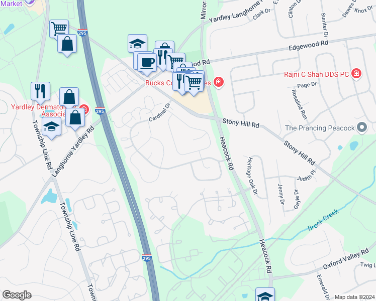 map of restaurants, bars, coffee shops, grocery stores, and more near 642A Rose Hollow Drive in Yardley