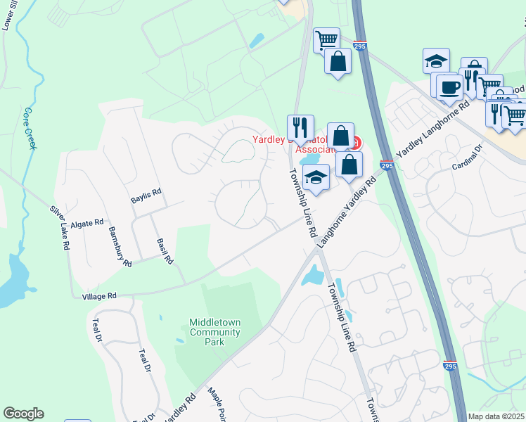 map of restaurants, bars, coffee shops, grocery stores, and more near 120 Shady Brook Drive in Langhorne