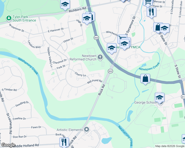 map of restaurants, bars, coffee shops, grocery stores, and more near 54 Hillcroft Way in Newtown