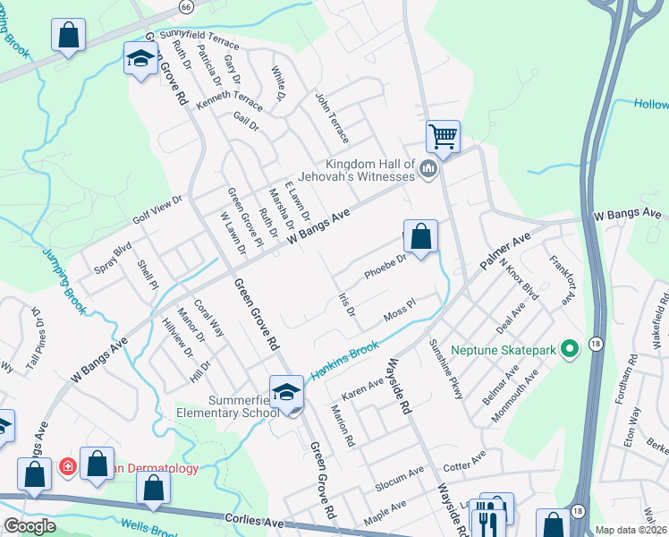 map of restaurants, bars, coffee shops, grocery stores, and more near 200 Iris Drive in Neptune City