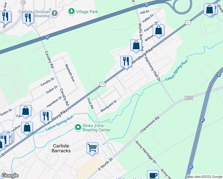map of restaurants, bars, coffee shops, grocery stores, and more near 436 Eisenhower Drive in Carlisle