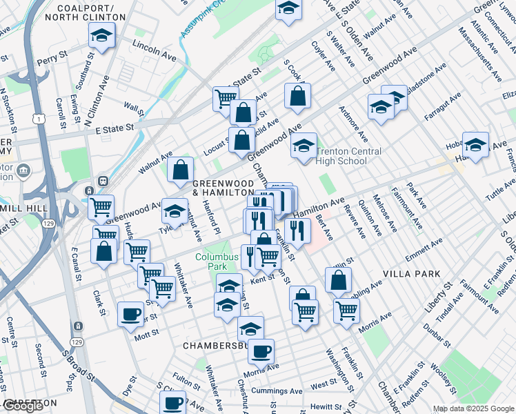 map of restaurants, bars, coffee shops, grocery stores, and more near 114 Culbertson Avenue in Trenton